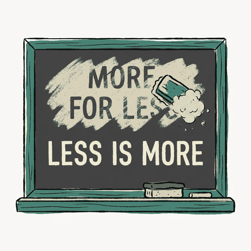 A chalkboard with a slogan half erased and a shorter new one written beneath it