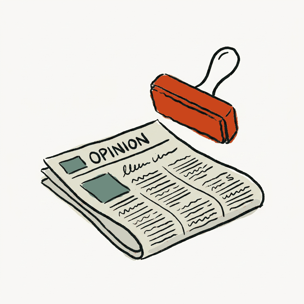 A folded newspaper opinion page with a red rubber stamp hovering above it