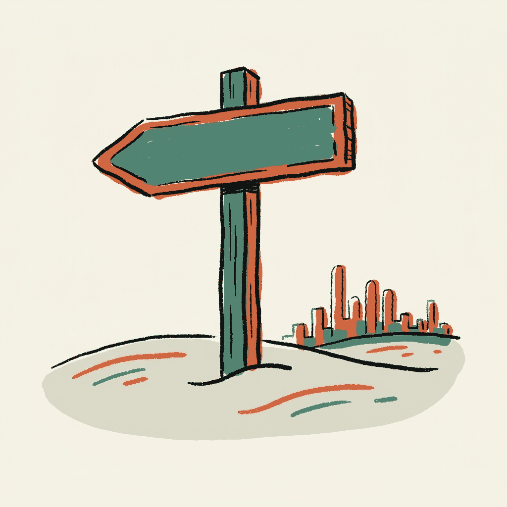 A signpost in sand pointing away from a distant city skyline