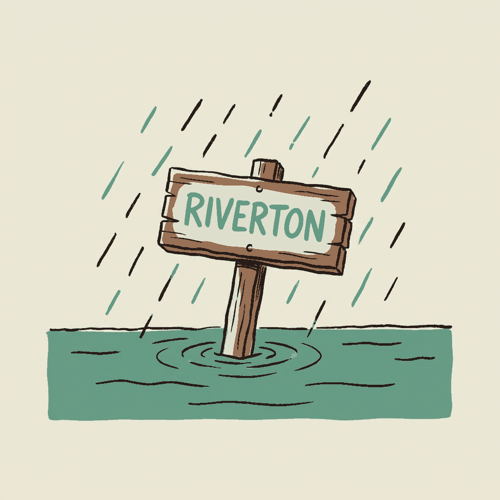 A village name sign half submerged in flat floodwater