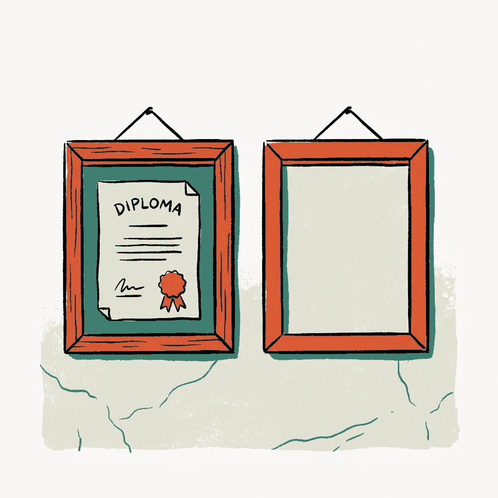 A framed diploma on a wall beside an empty frame of the same size