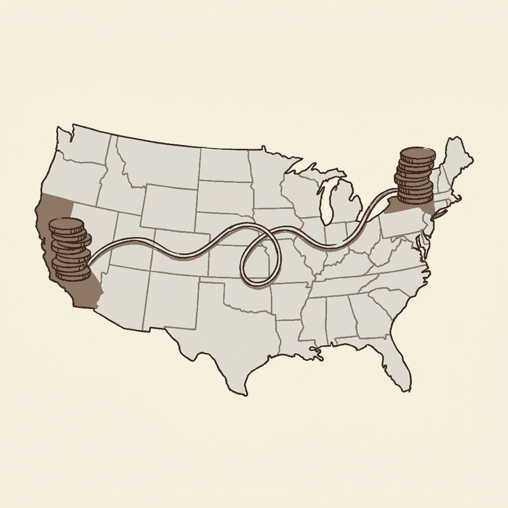 Two piles of coins on a map, one on each of two states, with loose string lying between them