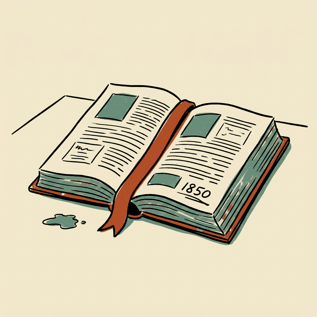 A history book open on a desk with a ribbon marking a century-old page