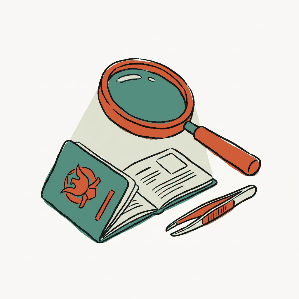 A passport under a lit magnifying glass with tweezers set beside it