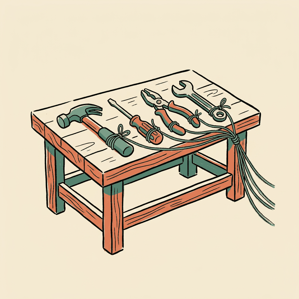 A workbench of tools, each tied to one long string leading off the bench