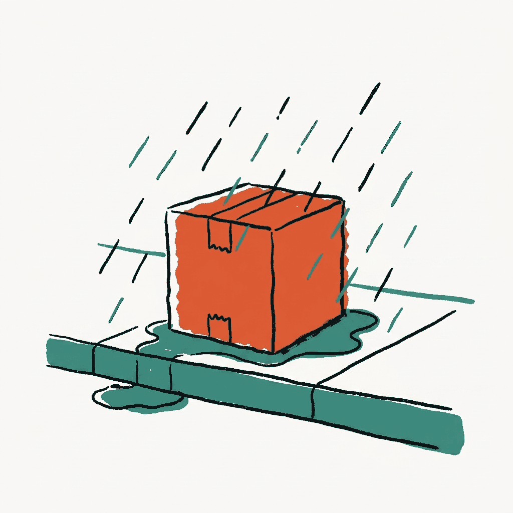 A moving box left on a curb in the rain