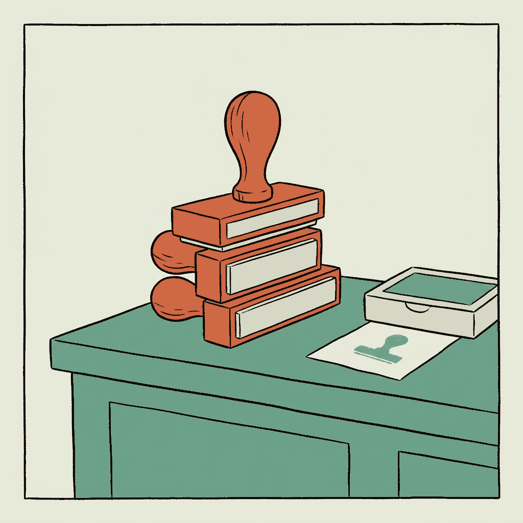A stack of identical rubber stamps being handed across a counter