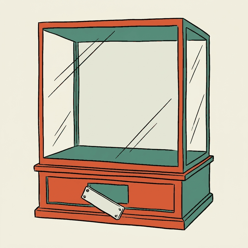 A natural history museum display case, empty, with its label plate pried off