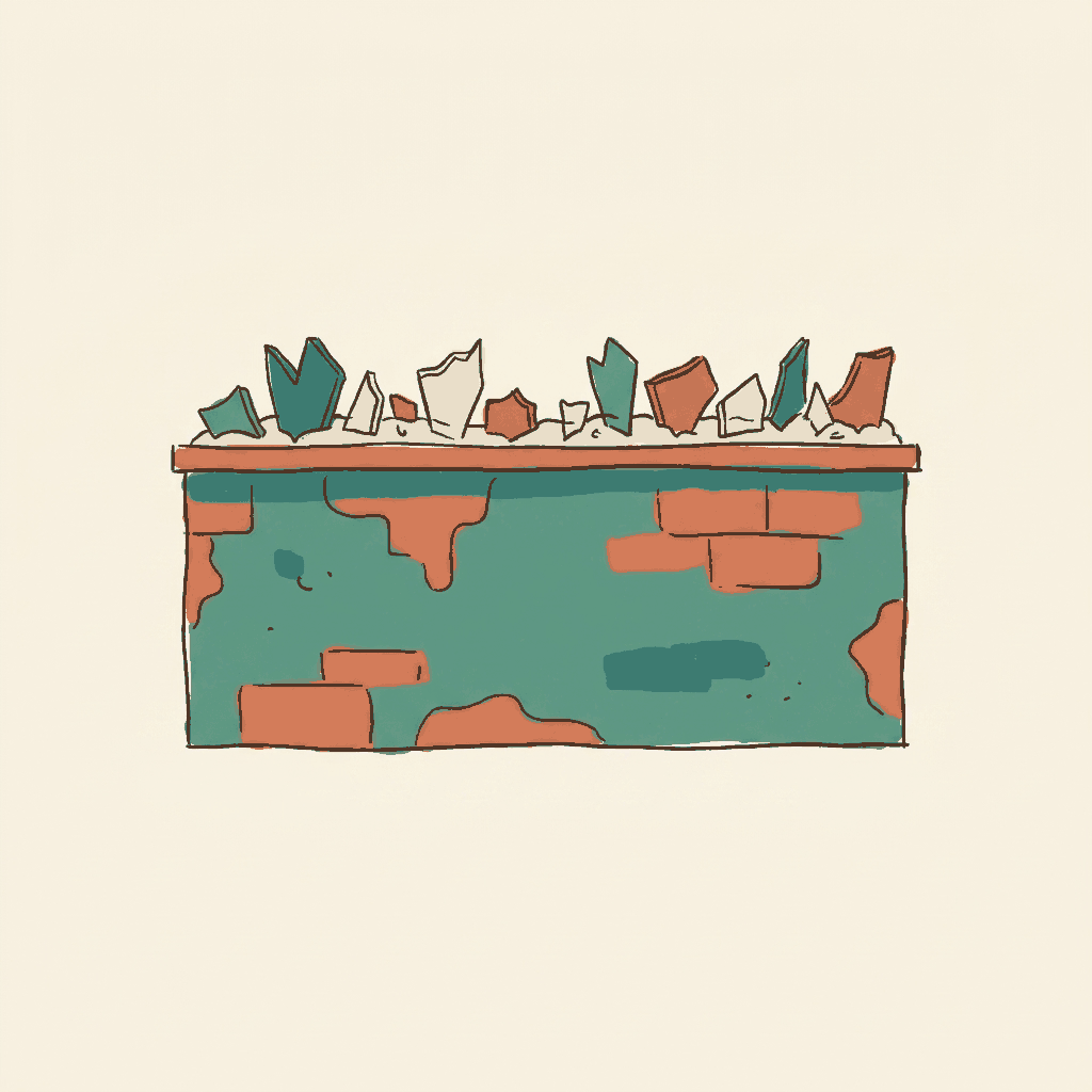 A garden wall topped with fresh broken glass set in mortar