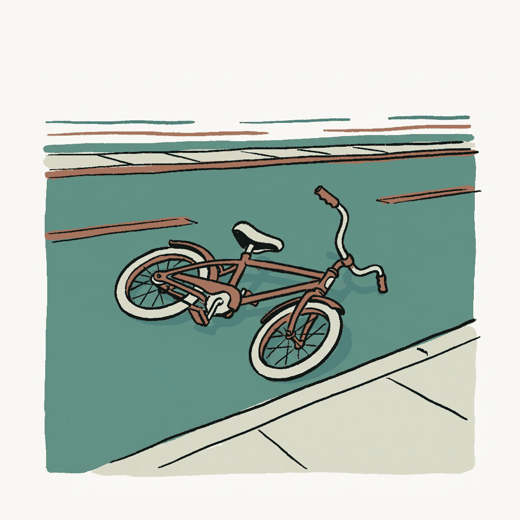 A child's bicycle lying in an empty street at dusk