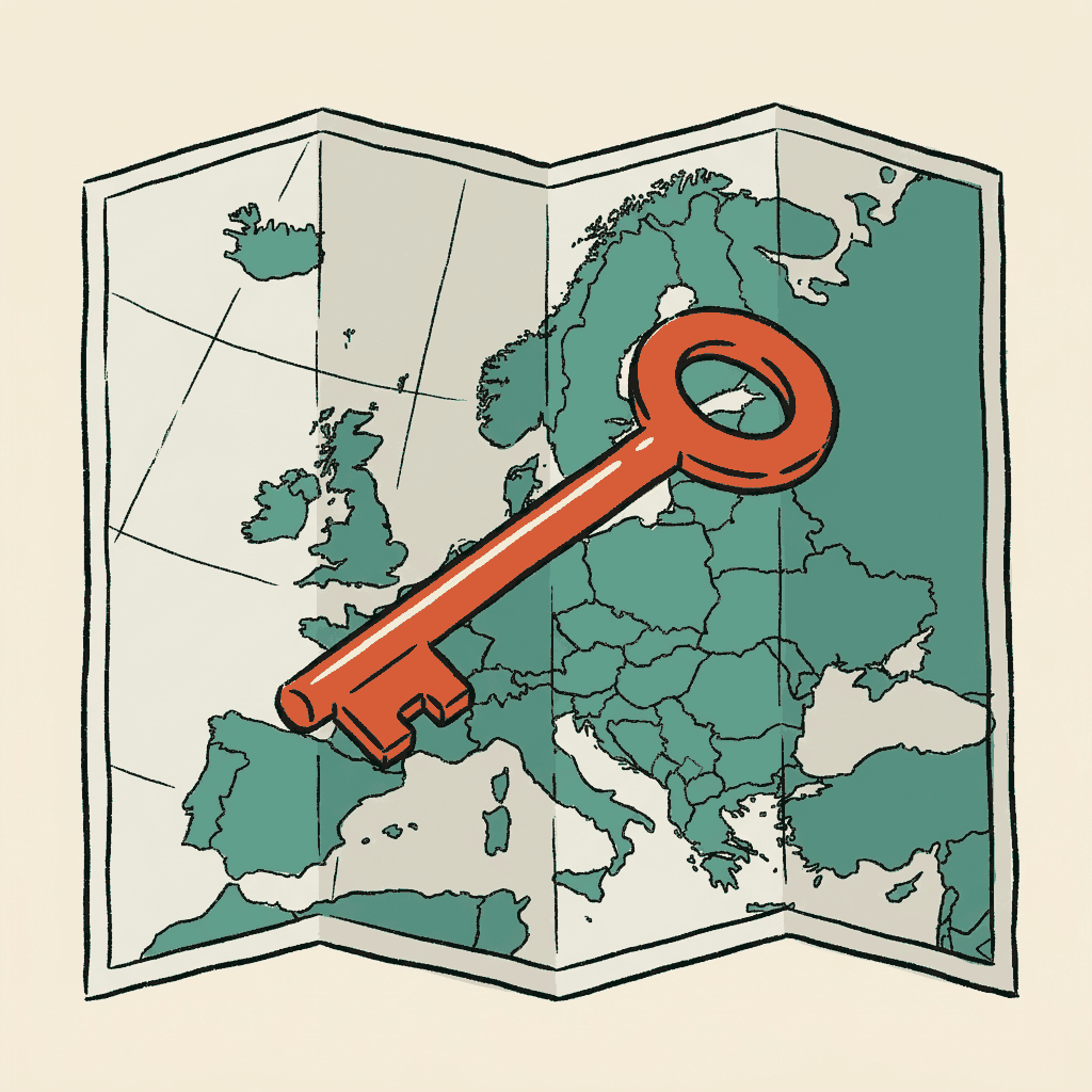 An oversized key resting on a folded map of Europe