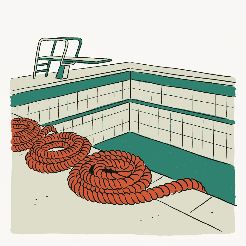 A public pool drained to the tile with rope lane markers coiled on the deck