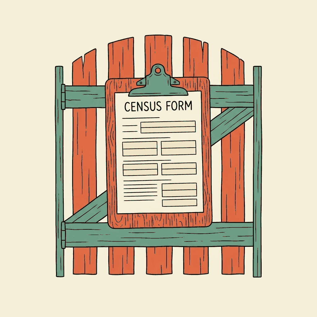 A census form on a clipboard hanging from a garden gate