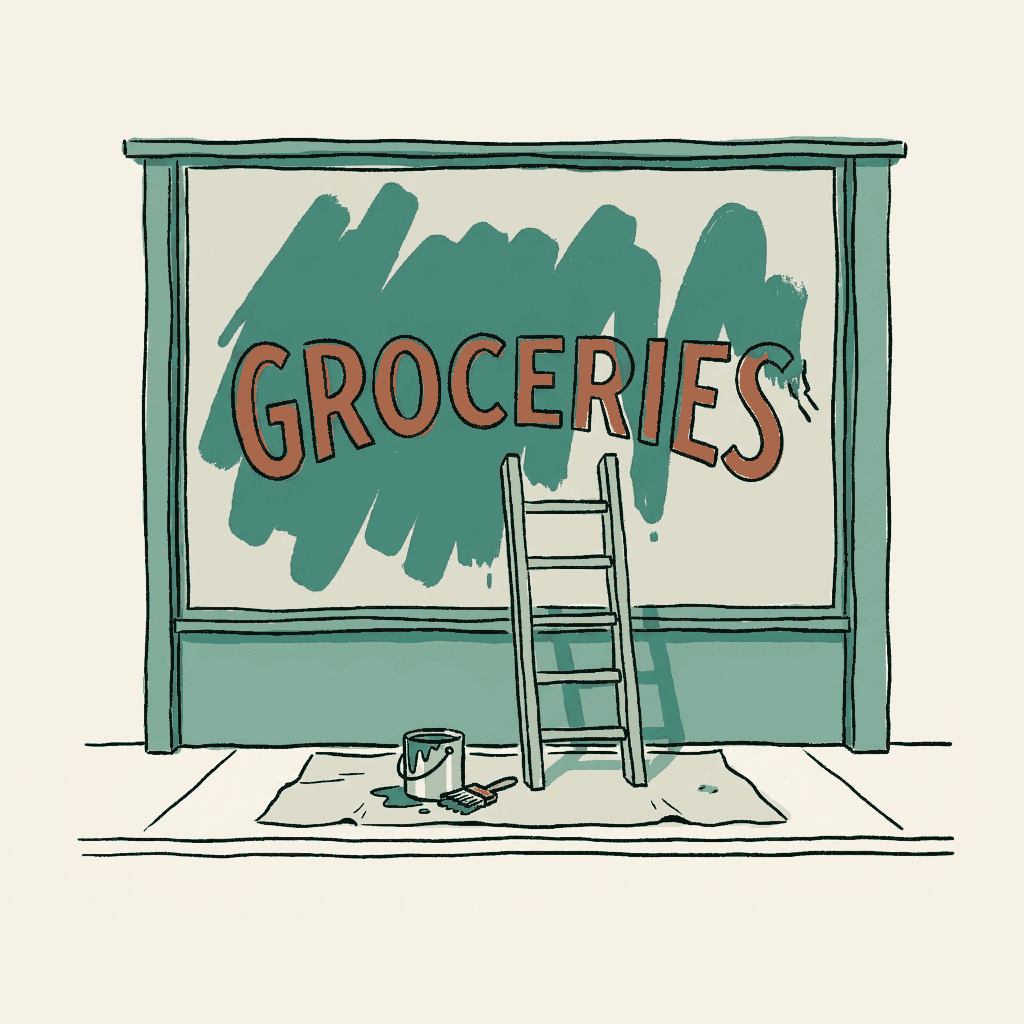 A shop fascia mid-repaint with the old lettering showing through the new coat