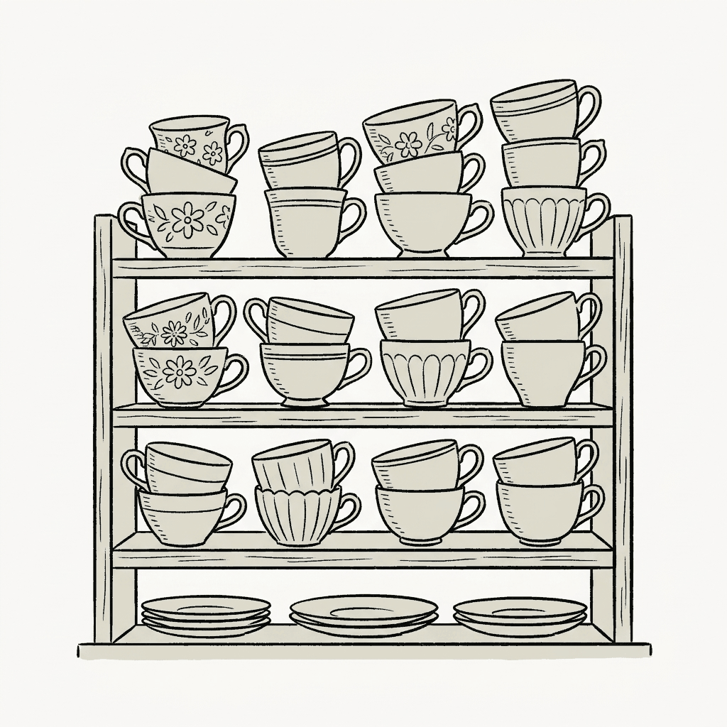 A shelf of many different teacups repainted in one flat grey