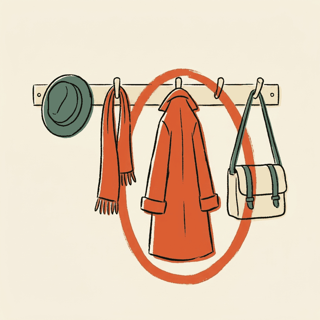 A coat hook row with one garment circled in red paint