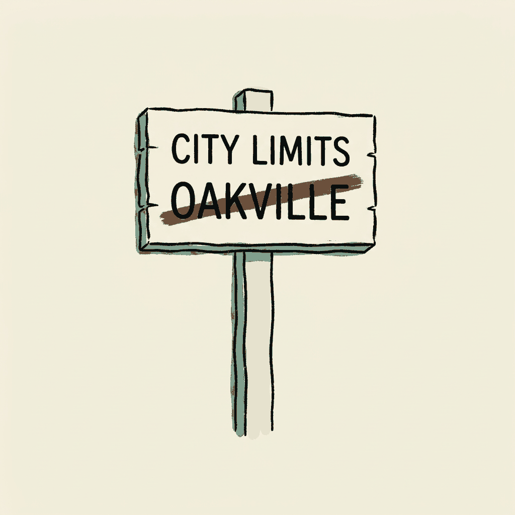 A city limits sign with a hand-painted line struck through the city's name