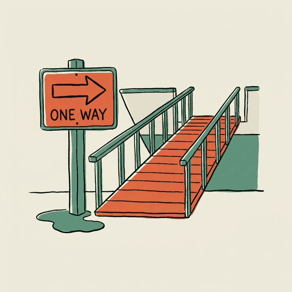 A ferry gangway with a one-way sign at its foot