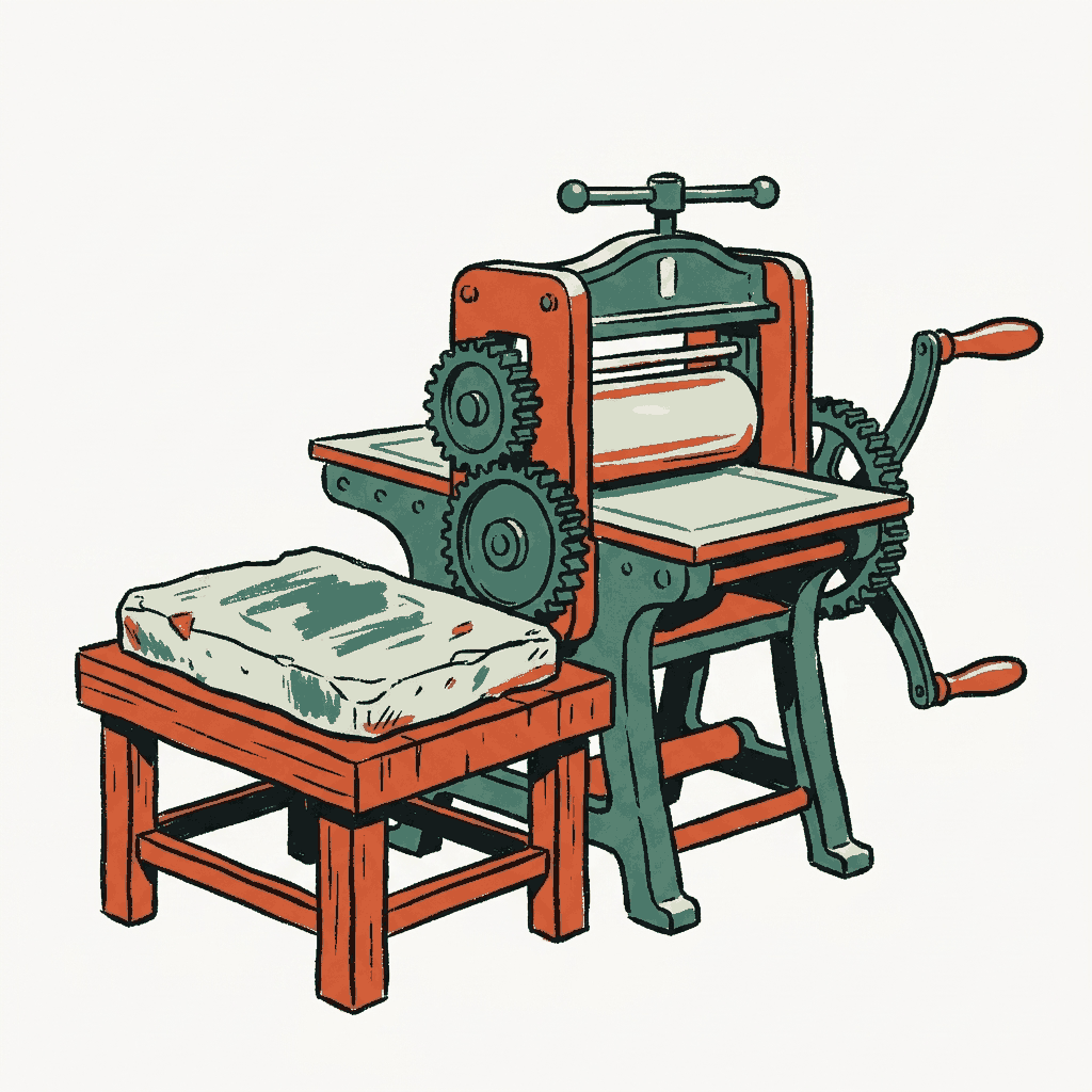 An old lithograph press with a worn printing stone beside it