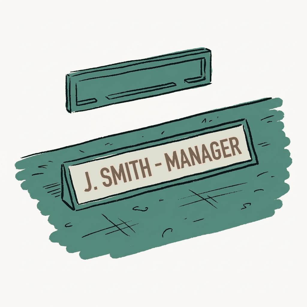 An office nameplate slid out of its door bracket and left on the carpet