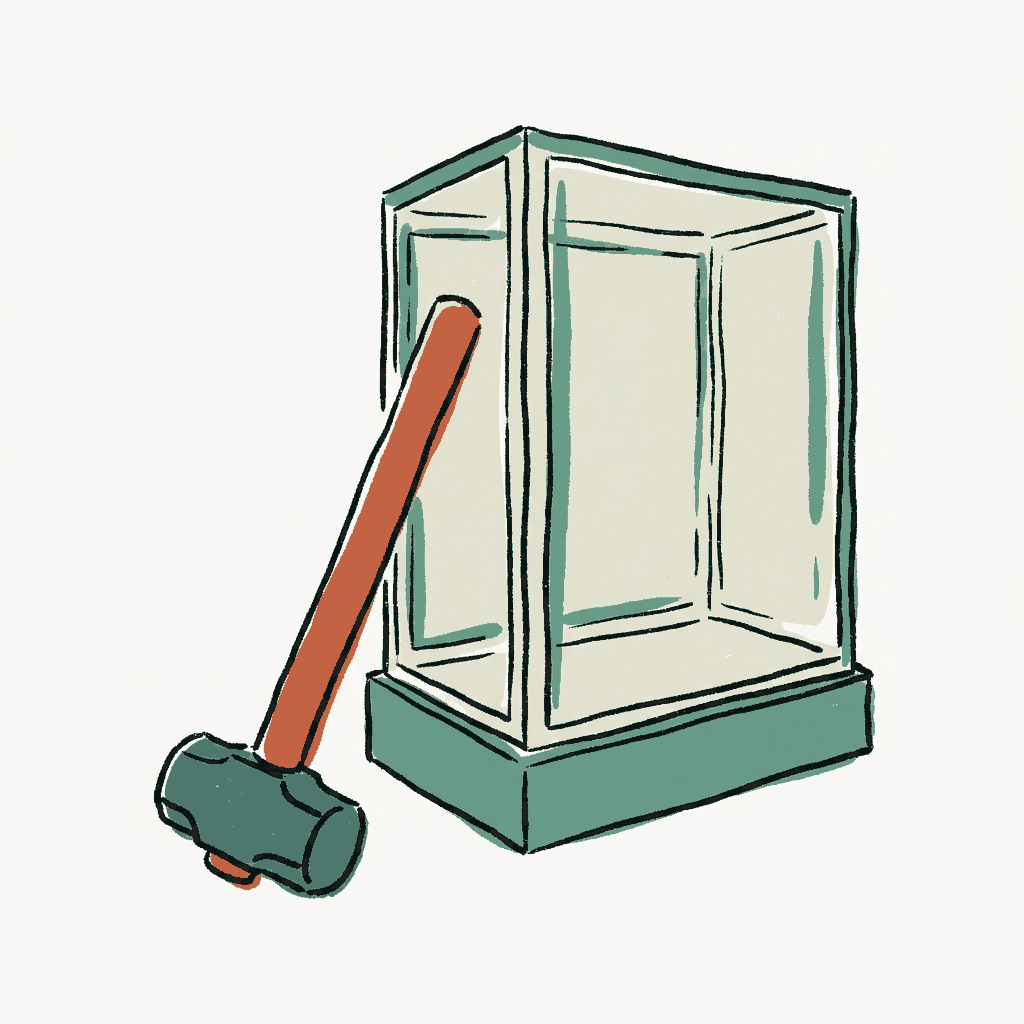 A sledgehammer left leaning against a glass museum display case
