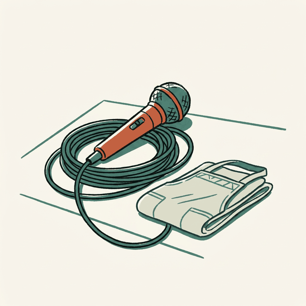 A microphone unplugged and coiled on a kitchen table beside an apron