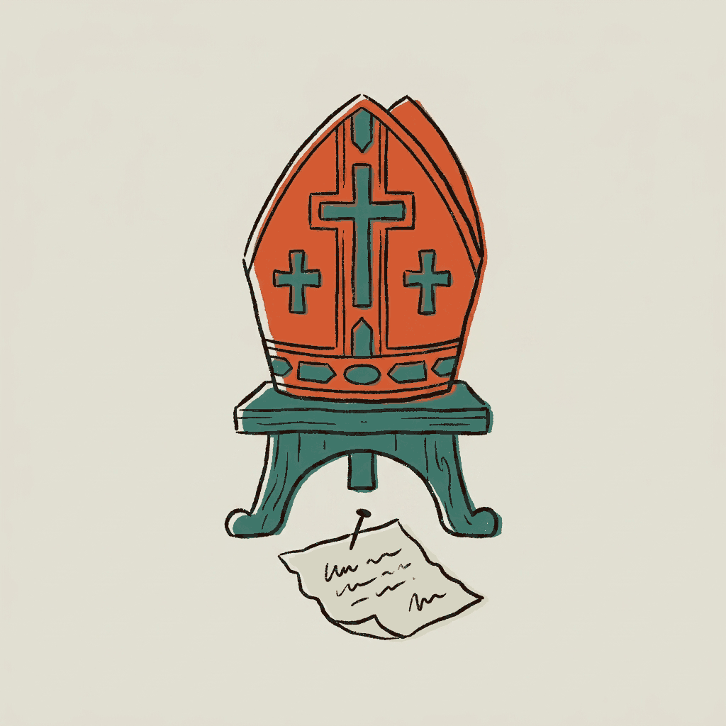 A papal mitre on a stand with a torn note pinned beneath it