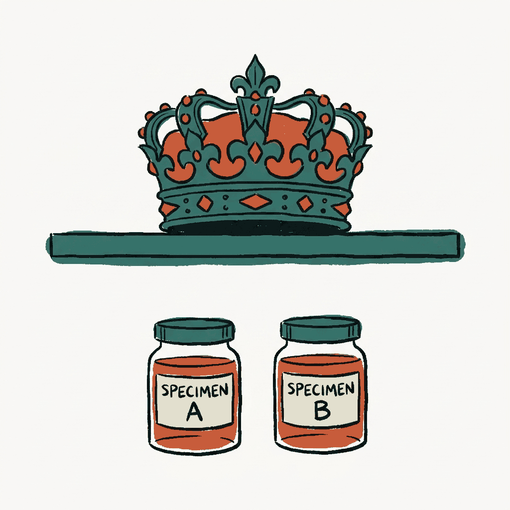 Two labelled specimen jars on a shelf under one heavy crown