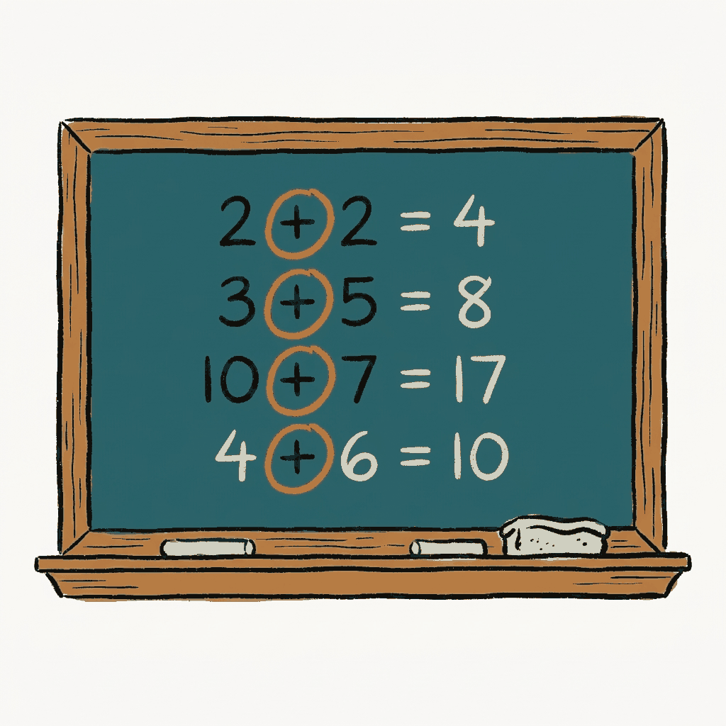 A chalkboard of arithmetic with every plus sign circled in red