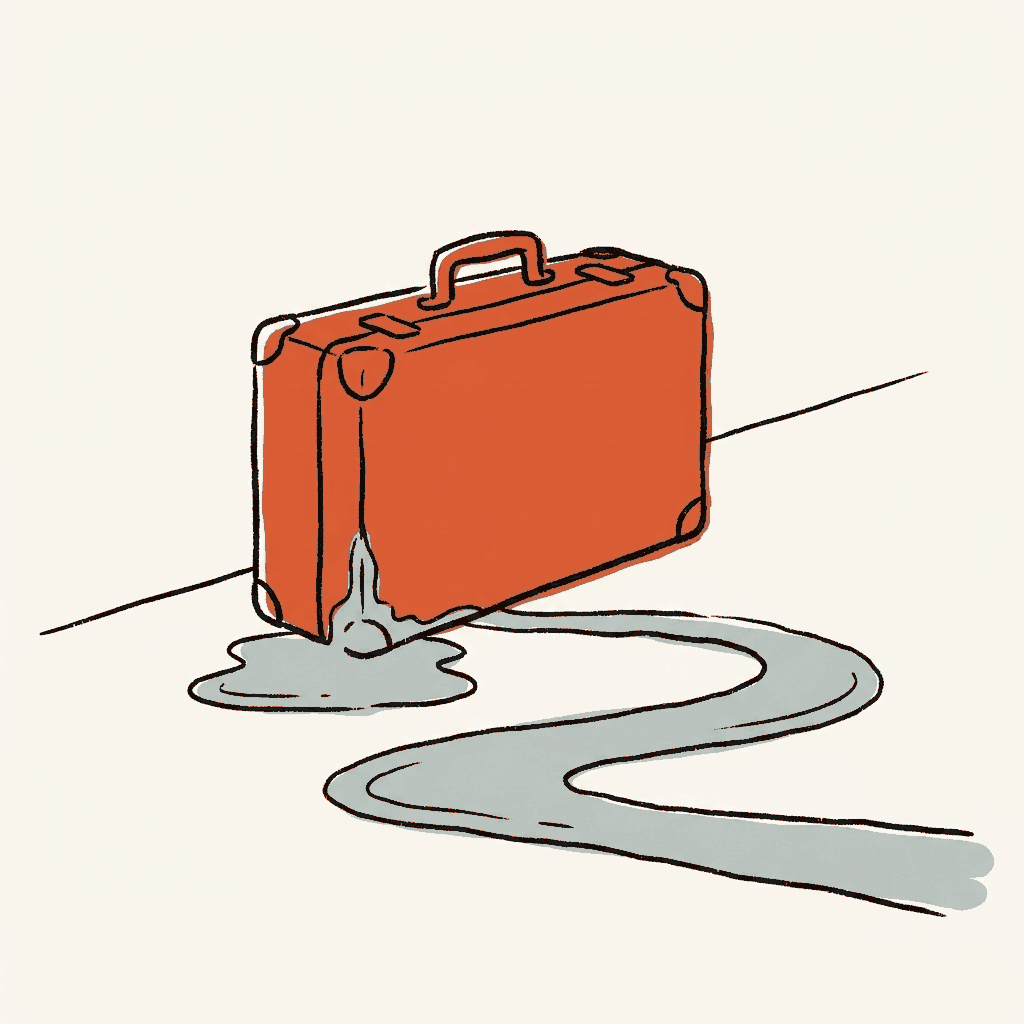 A suitcase leaking a trail of grey paint across a clean floor