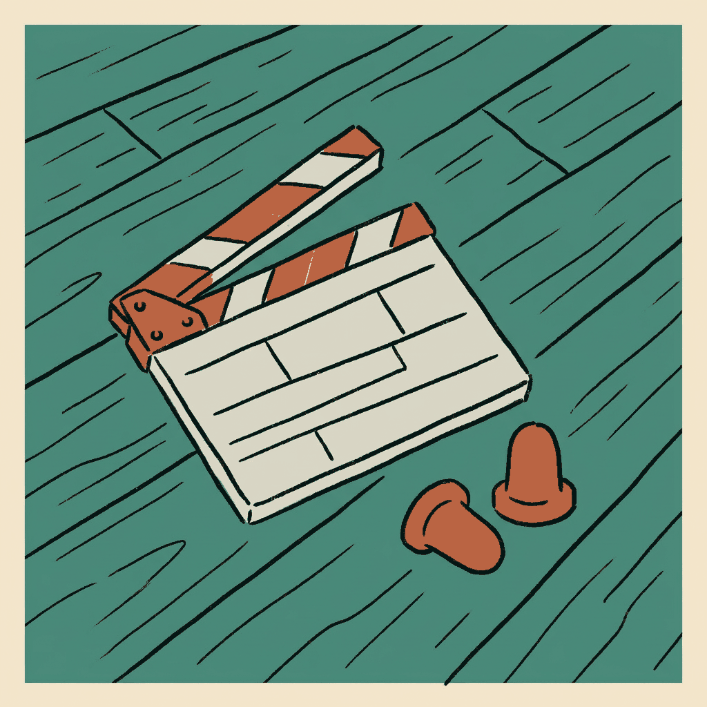 A film clapperboard lying beside a pair of bright orange earplugs on an ancient ship's deck