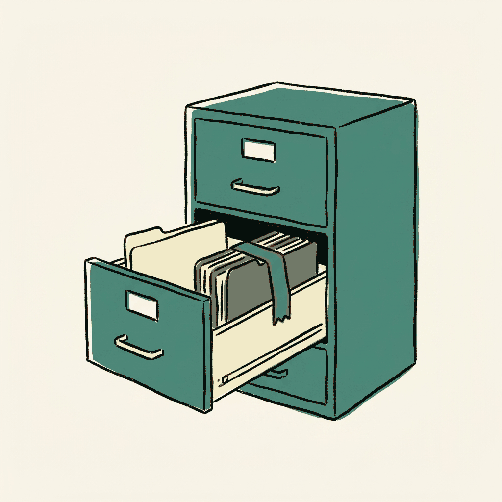 An open filing cabinet with one folder present and the neighbouring folder sealed with tape
