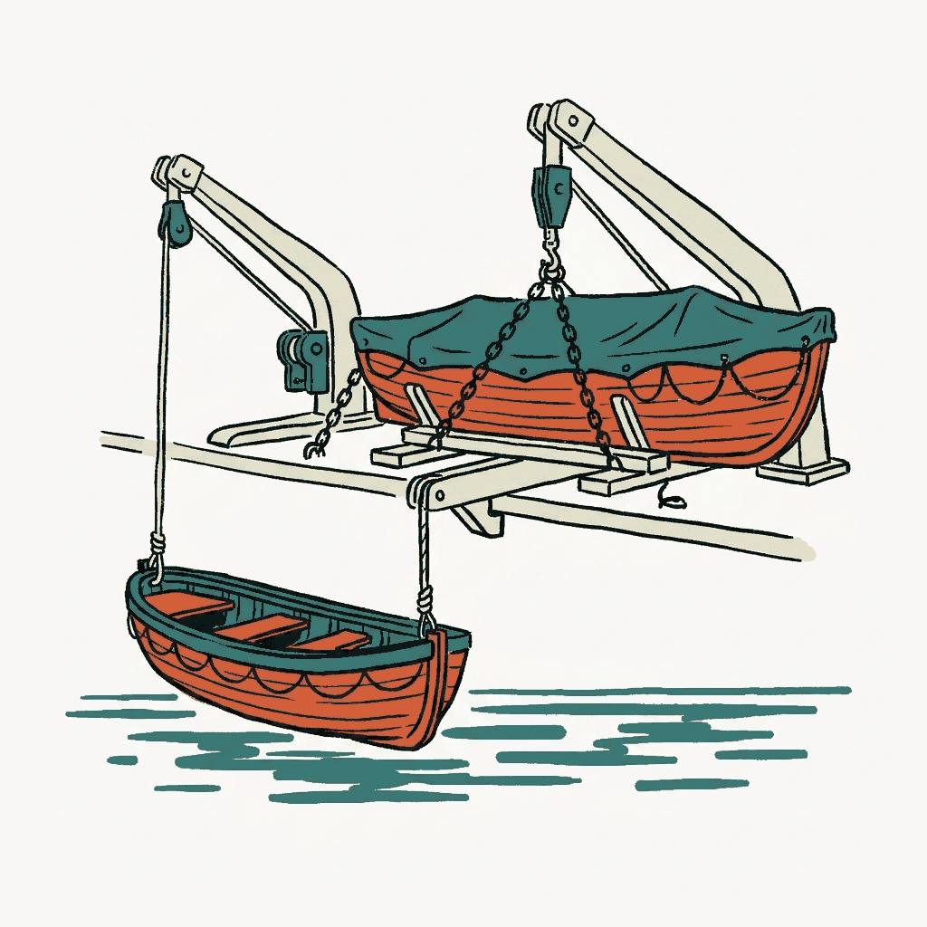 A lifeboat davit with one boat lowered and one boat chained
