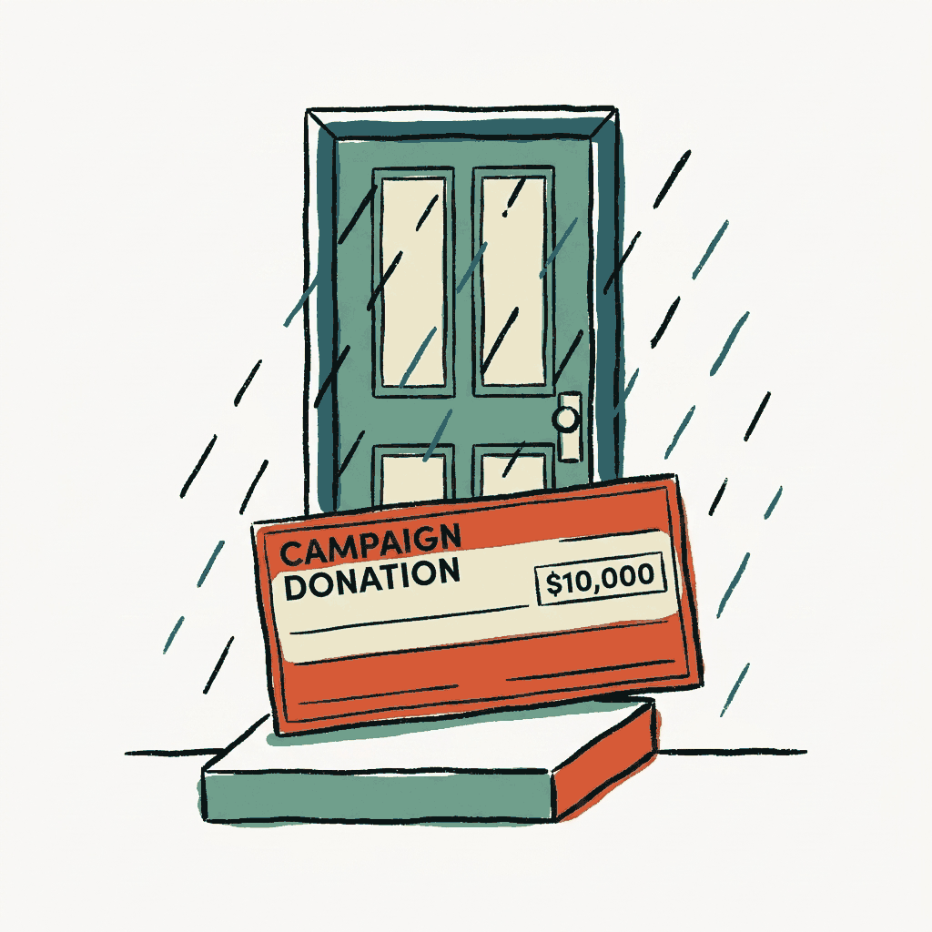A large campaign donation cheque left on a doorstep with the door closed