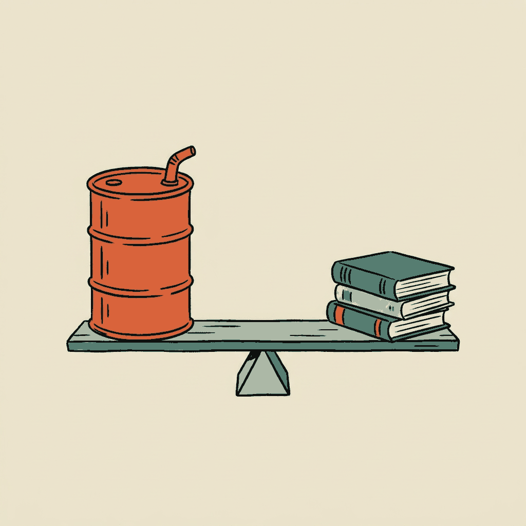 An oil barrel balanced on a seesaw against a small stack of ledger books
