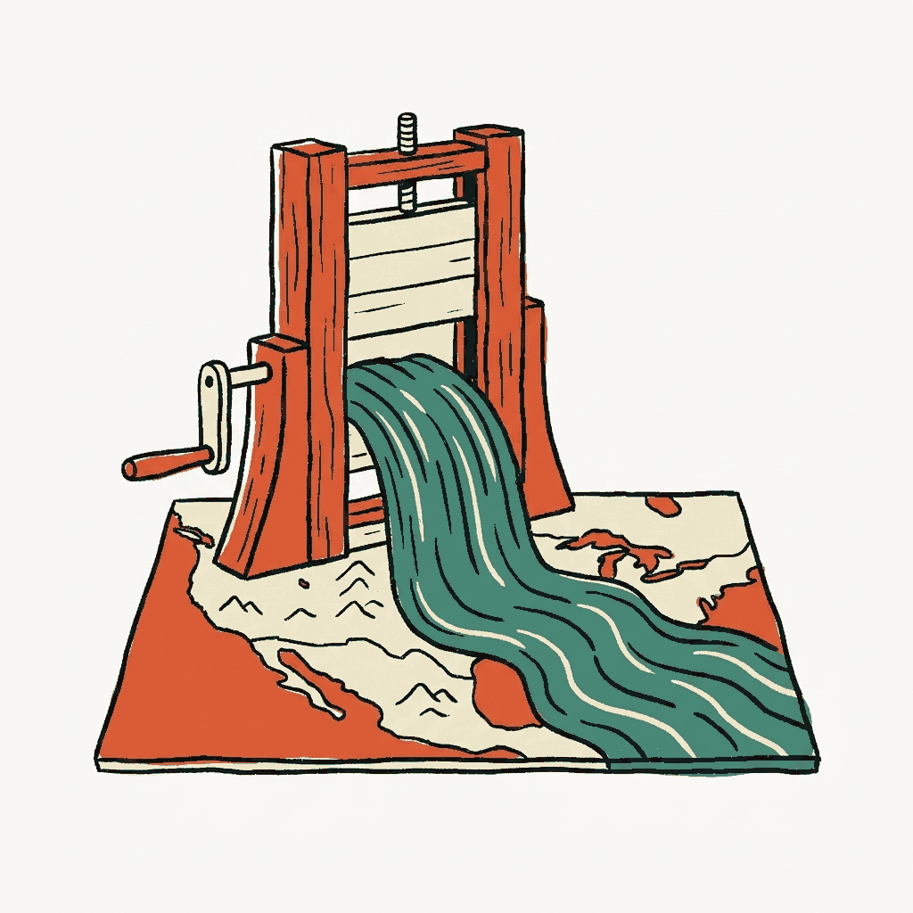 A sluice gate cranked open over a map of a continent
