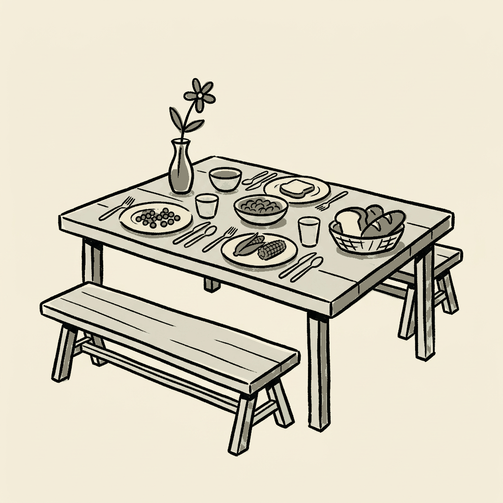 A neatly set family dinner table beside a bare trestle bench