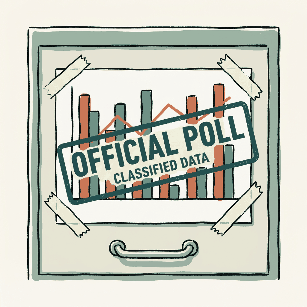 A polling chart taped over a filing cabinet drawer bearing an official classification stamp
