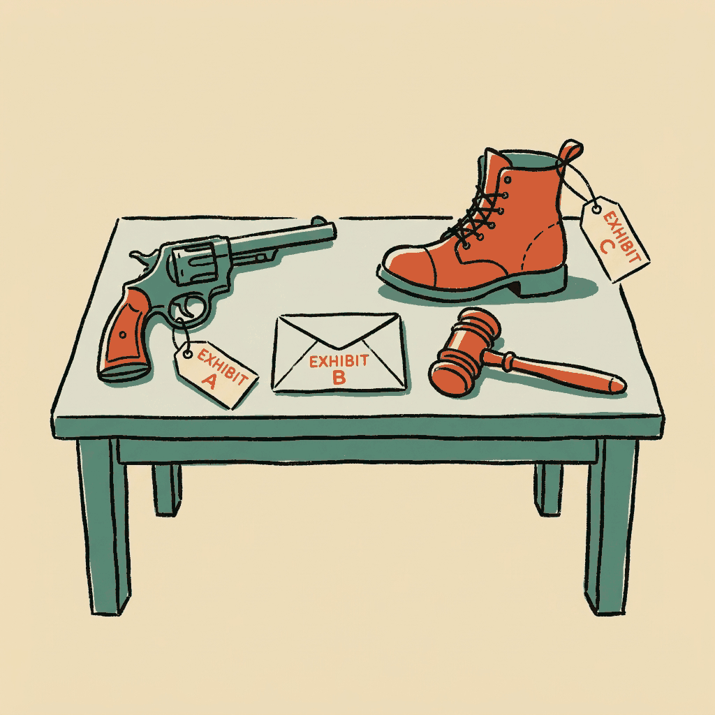 A courtroom evidence table with three tagged items and a gavel at rest