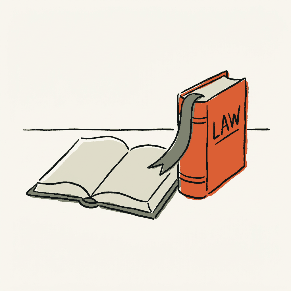 Two different law books on a desk, one lying open and one closed with a bookmark ribbon pointing at it
