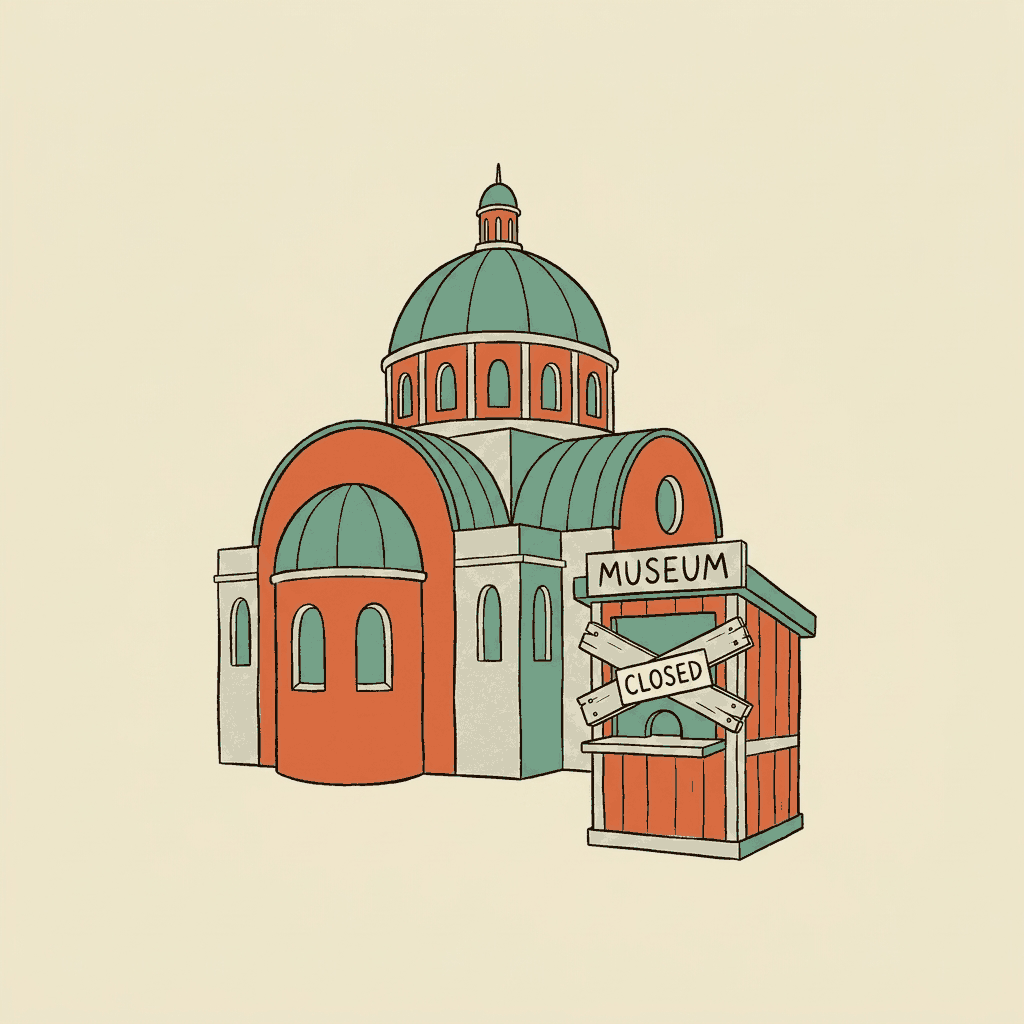 A domed basilica with a museum ticket booth boarded shut outside it