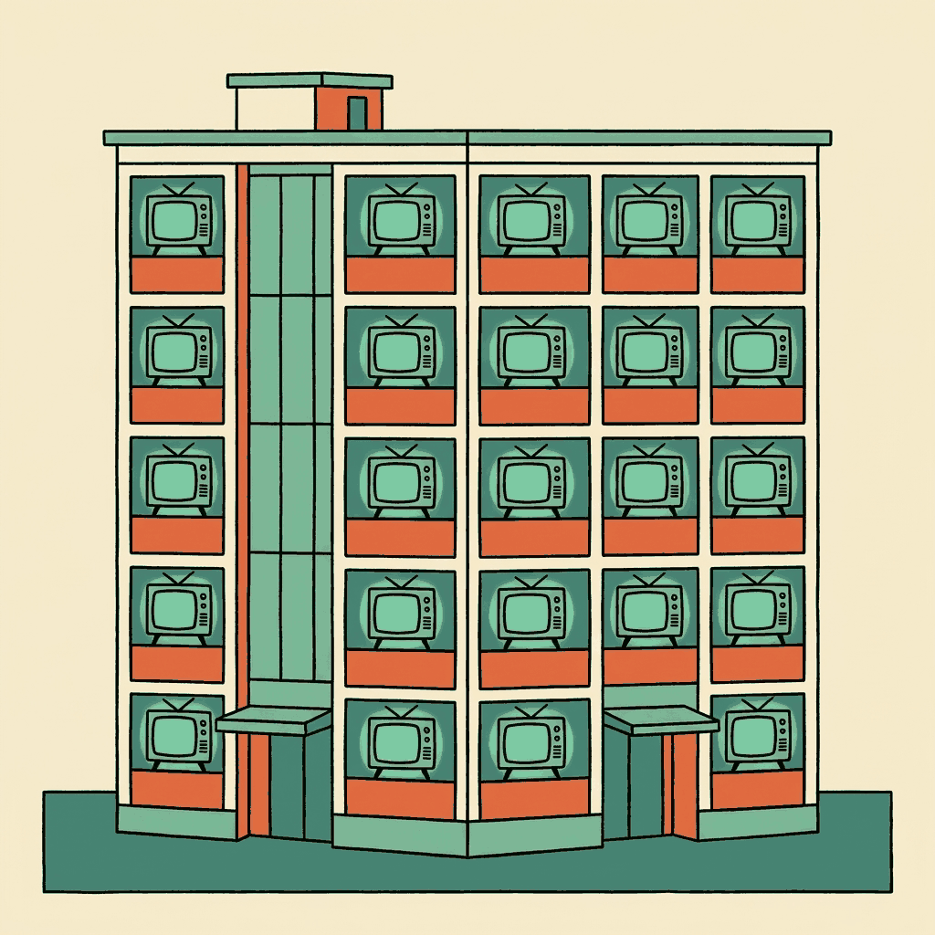 One television screen glowing identically in every window of an apartment block at night