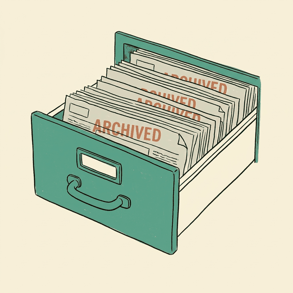 A newspaper archive drawer open with every clipping stamped with the same word