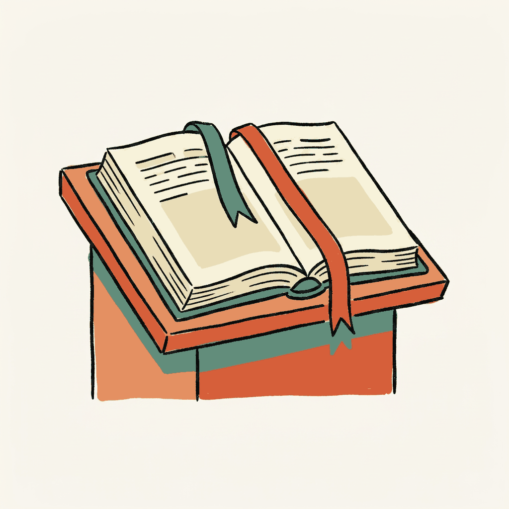 One open book on a lectern with two reading ribbons pulled to different pages