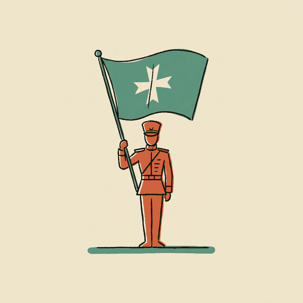 A toy soldier holding up a flag not its own