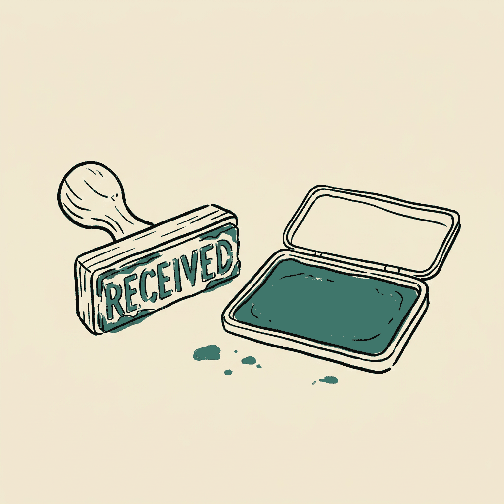 A rubber stamp worn down from overuse beside its inkpad