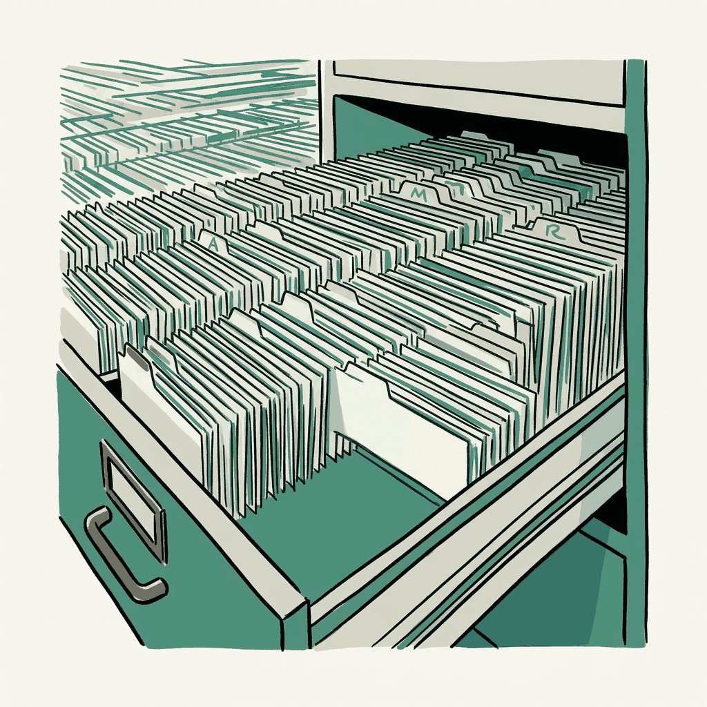 A filing cabinet drawer of index cards stretching into the distance