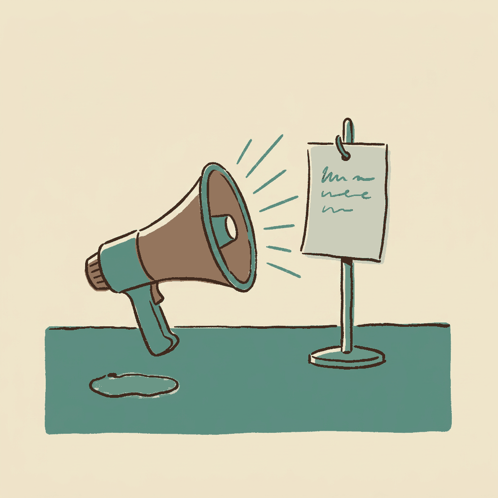 A megaphone and a courtroom docket spike side by side on a plain table