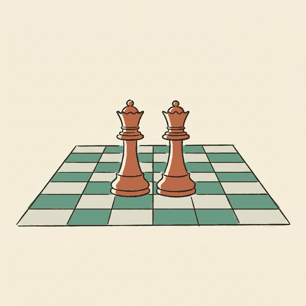 Two identical chess queens facing each other on an otherwise empty board