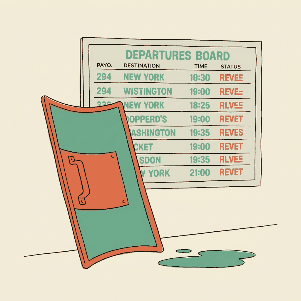A riot shield leaning against a departures board